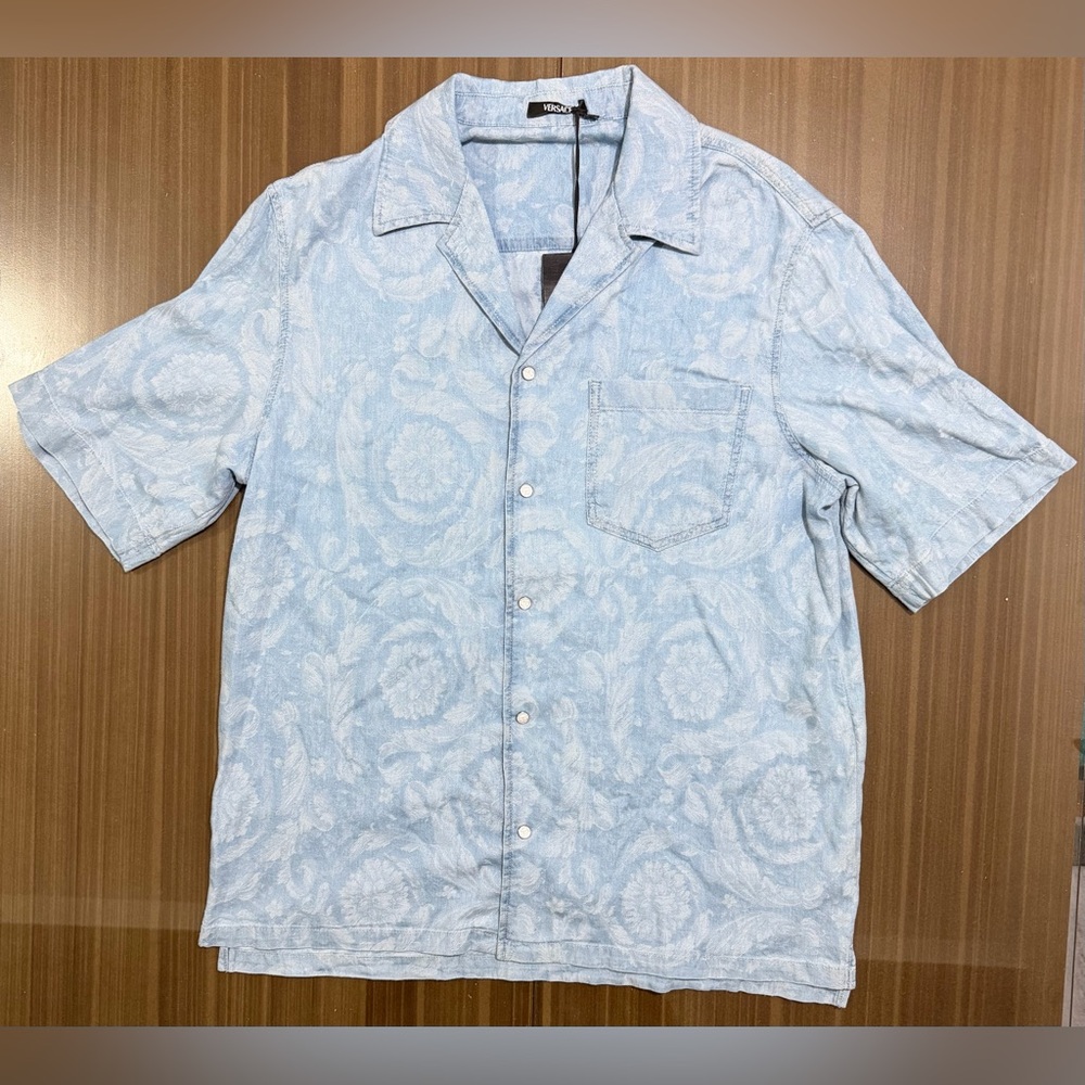 Versace Baroque Print Chambray Denim Light Blue Shirt